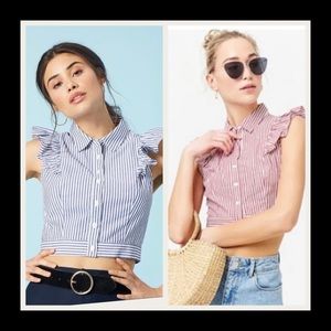 SET OF 2 F21 NWT M PINSTRIPE RUFFLE BLOUSES